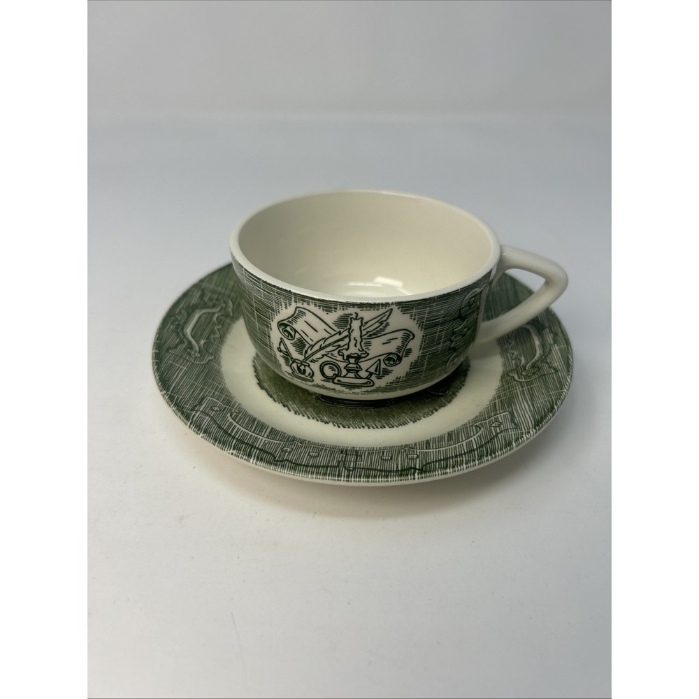 Vintage Royal China The Old Curiosity Shop Cup & Saucer Green Teapot Book Quill